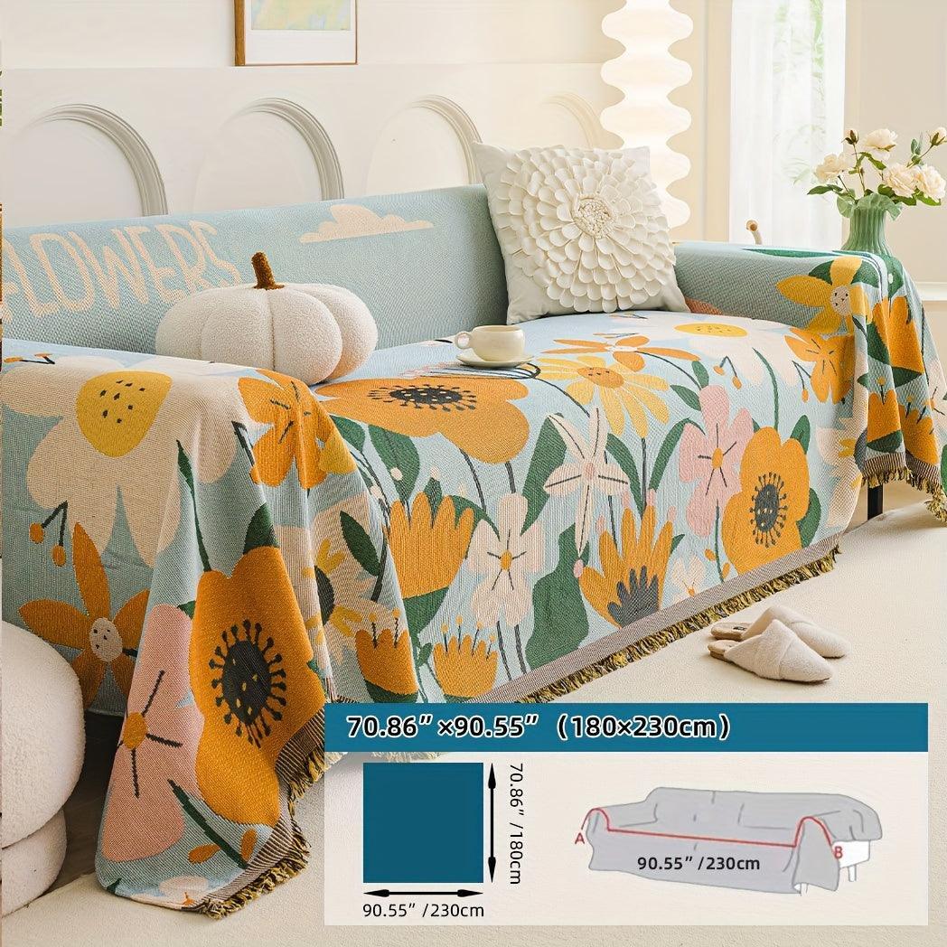 Boho Chic Double-sided Chenille Sofa Cover with Tassels - All-season, alternate view - House Of Avana
