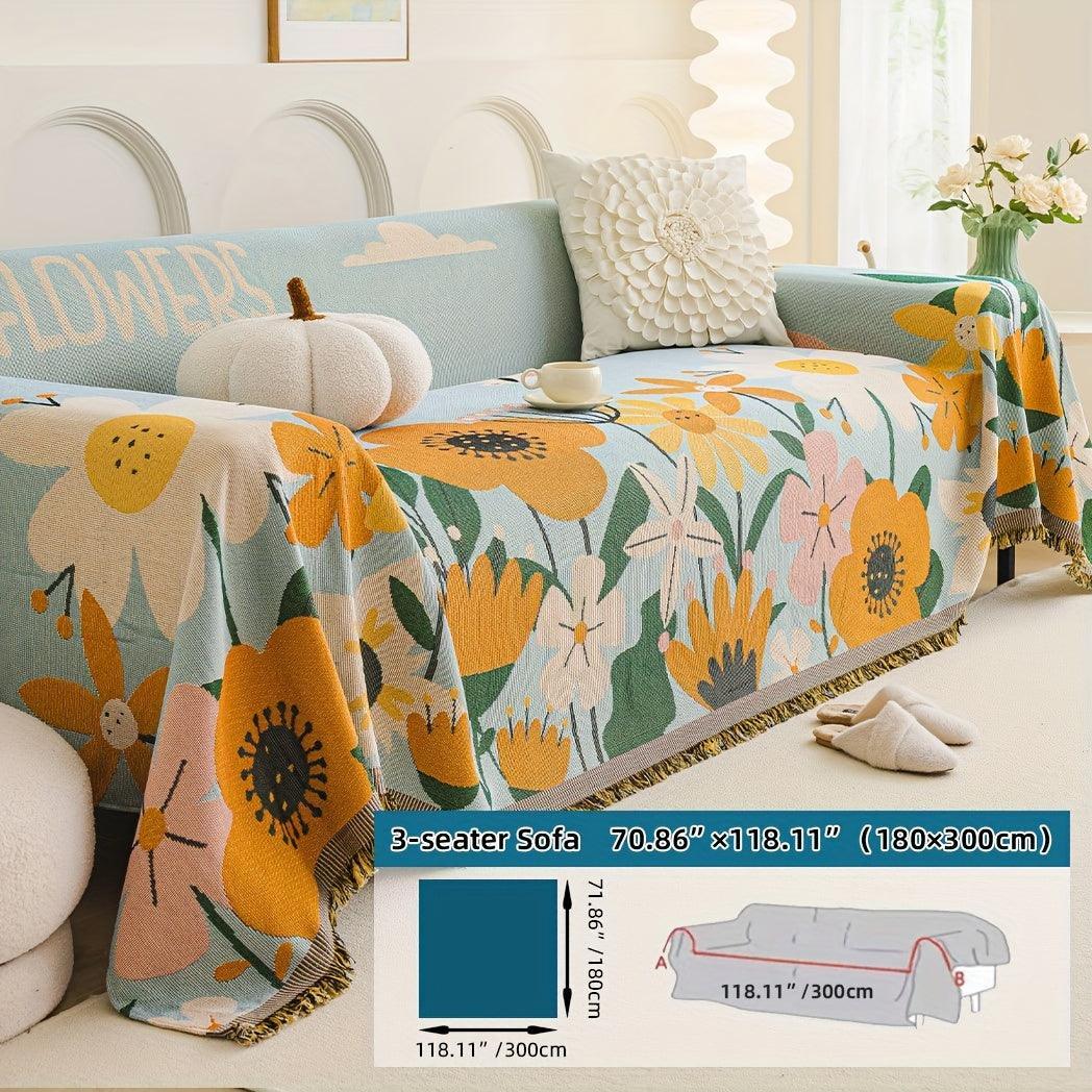 Boho Chic Double-sided Chenille Sofa Cover with Tassels - All-season, alternate view - House Of Avana