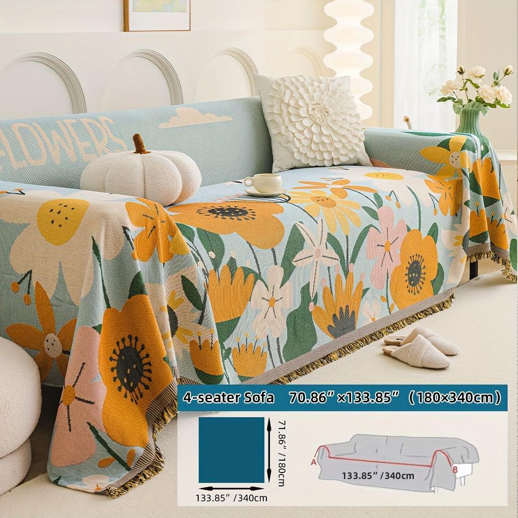 Boho Chic Double-sided Chenille Sofa Cover with Tassels - All-season, alternate view - House Of Avana