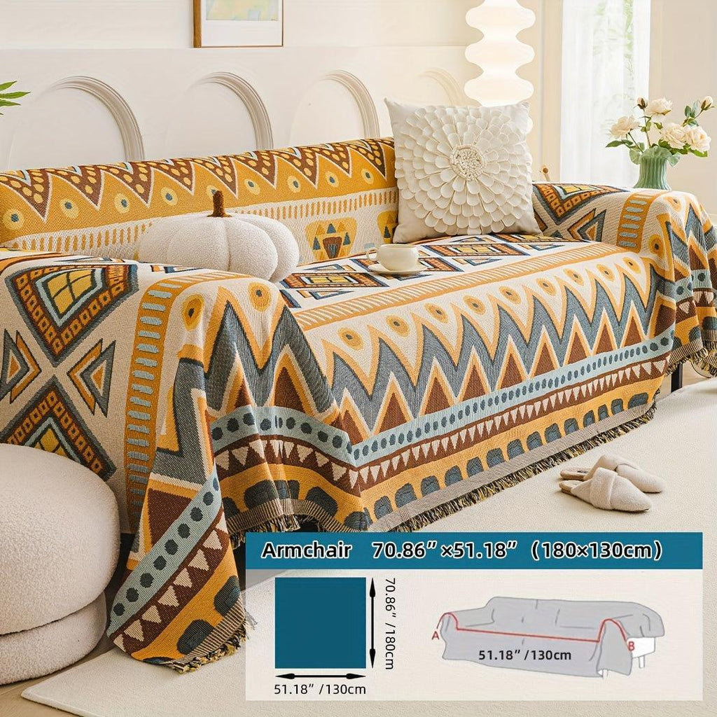 Boho Chic Double-sided Chenille Sofa Cover with Tassels - All-season, side view - House Of Avana