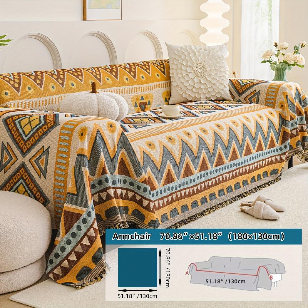 Boho Chic Double-sided Chenille Sofa Cover with Tassels - All-season, side view - House Of Avana