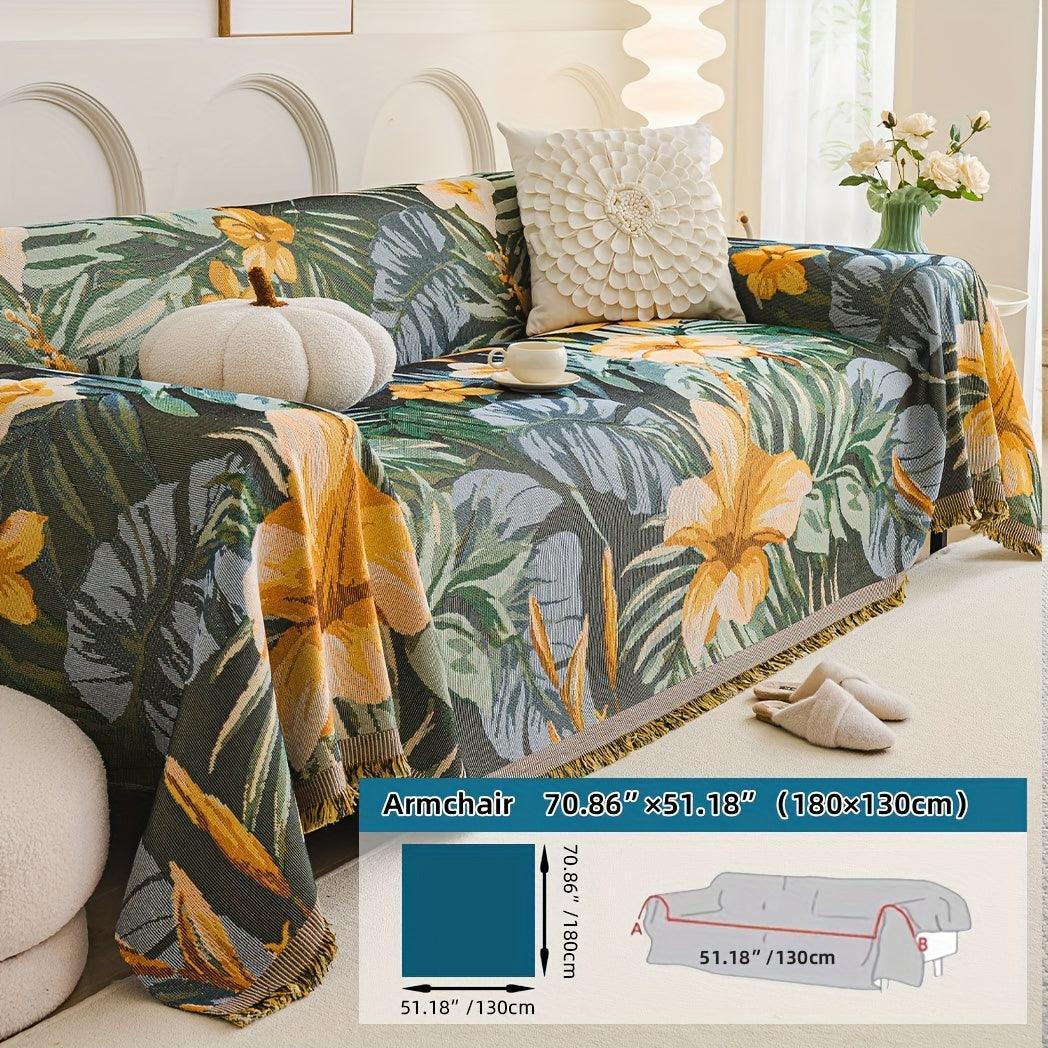Boho Chic Double-sided Chenille Sofa Cover with Tassels - All-season, alternate view - House Of Avana