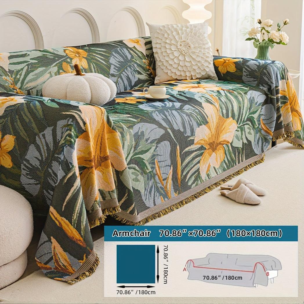 Boho Chic Double-sided Chenille Sofa Cover with Tassels - All-season, alternate view - House Of Avana