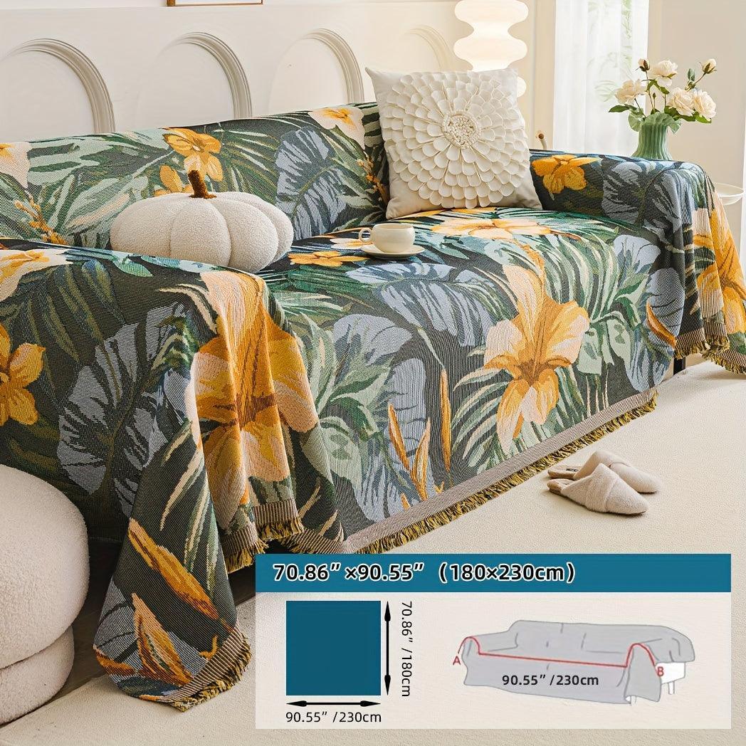 Boho Chic Double-sided Chenille Sofa Cover with Tassels - All-season, alternate view - House Of Avana
