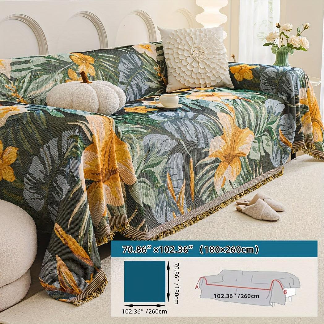 Boho Chic Double-sided Chenille Sofa Cover with Tassels - All-season, alternate view - House Of Avana