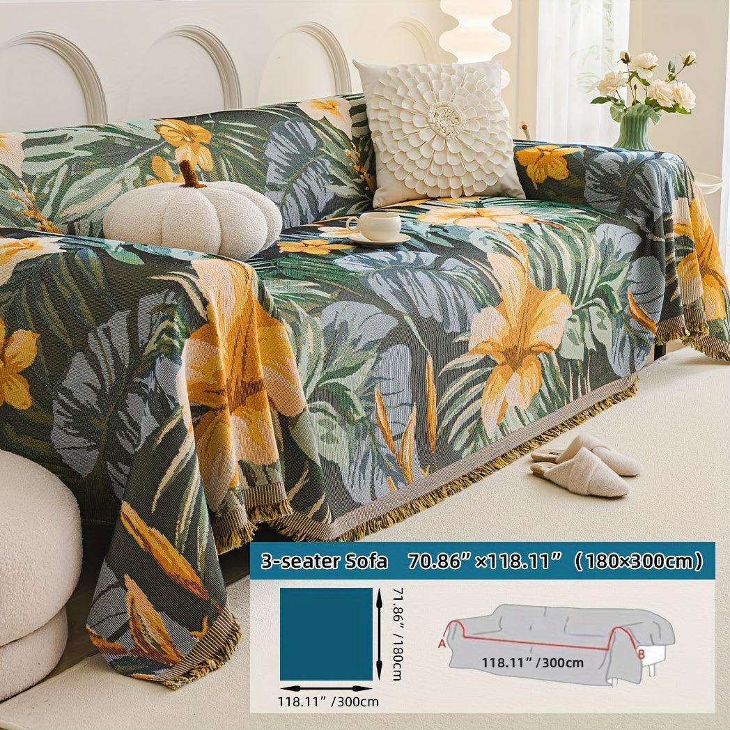 Boho Chic Double-sided Chenille Sofa Cover with Tassels - All-season, alternate view - House Of Avana