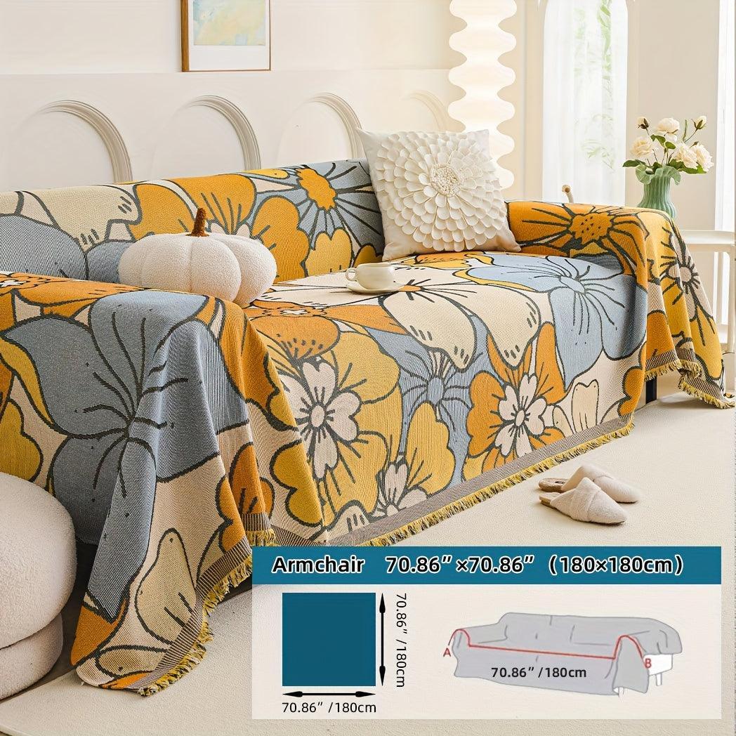 Boho Chic Double-sided Chenille Sofa Cover with Tassels - All-season, alternate view - House Of Avana