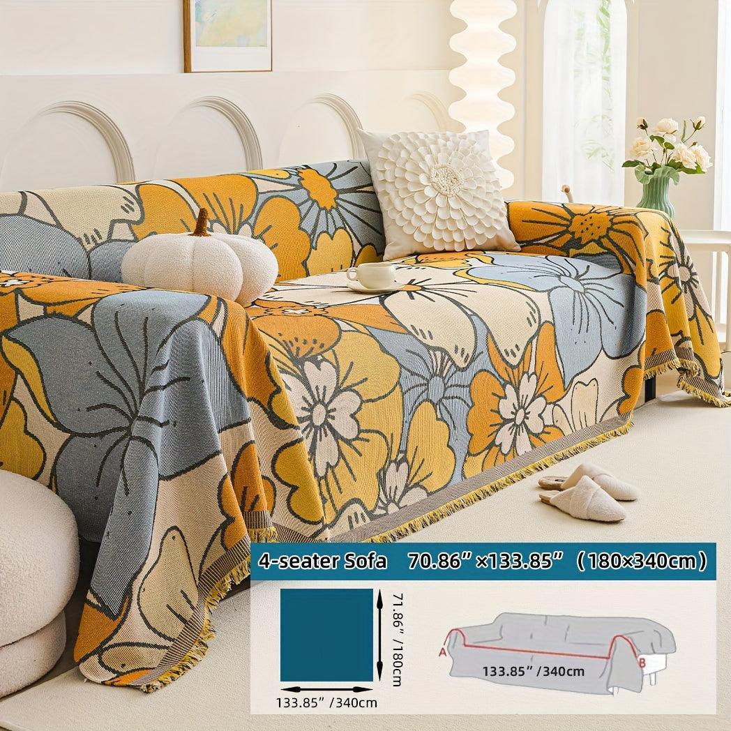 Boho Chic Double-sided Chenille Sofa Cover with Tassels - All-season, alternate view - House Of Avana