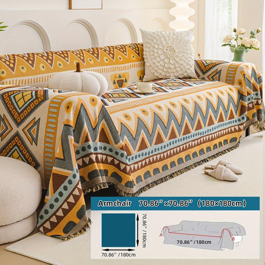Boho Chic Double-sided Chenille Sofa Cover with Tassels - All-season, lifestyle image - House Of Avana