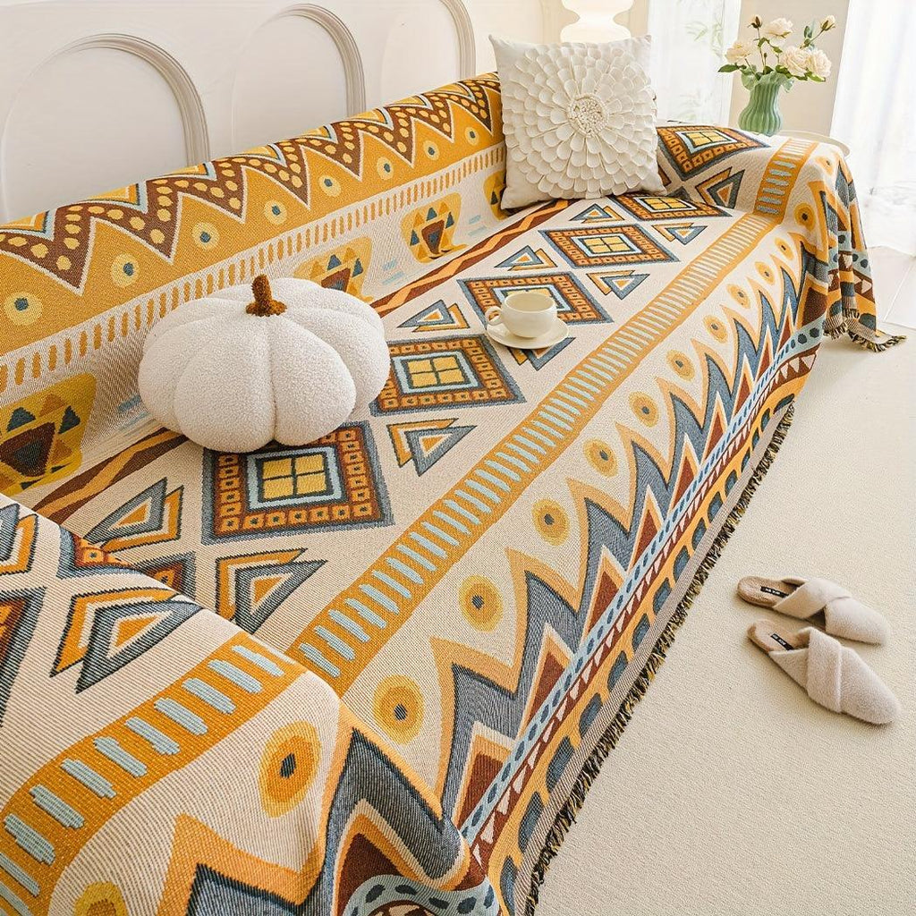 Boho Chic Double-sided Chenille Sofa Cover with Tassels - All-season, top view - House Of Avana