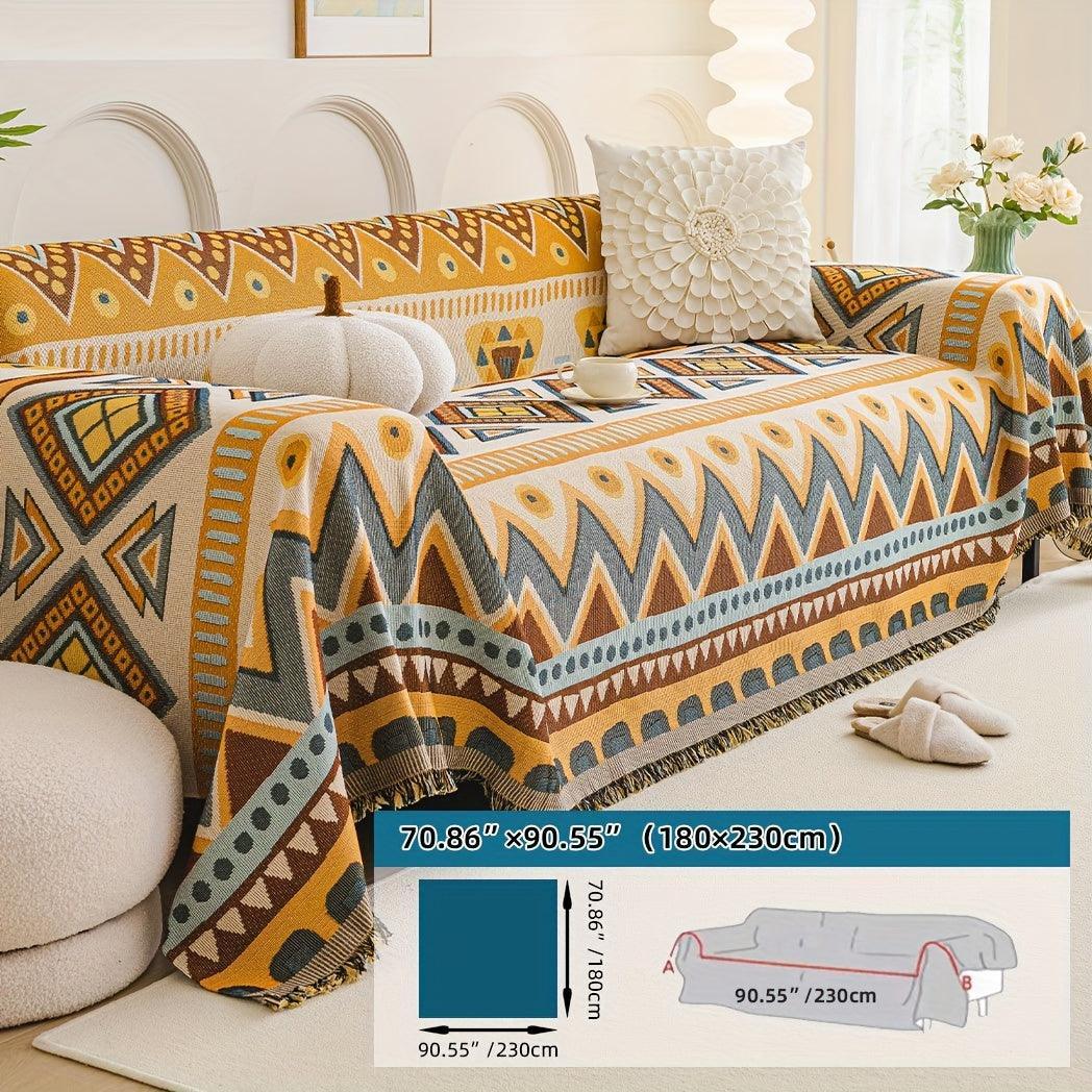 Boho Chic Double-sided Chenille Sofa Cover with Tassels - All-season, angled view - House Of Avana