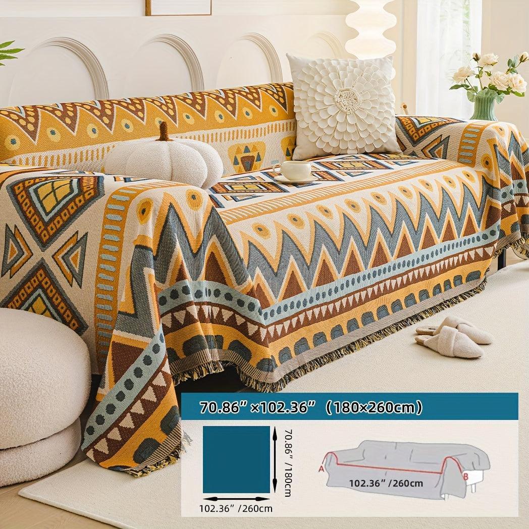 Boho Chic Double-sided Chenille Sofa Cover with Tassels - All-season, angled view - House Of Avana