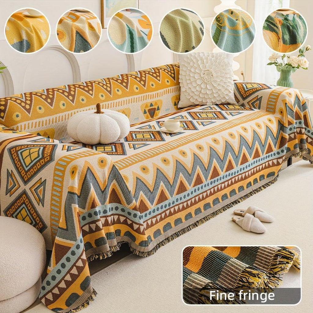 Boho Chic Double-sided Chenille Sofa Cover with Tassels - All-season, front view - House Of Avana