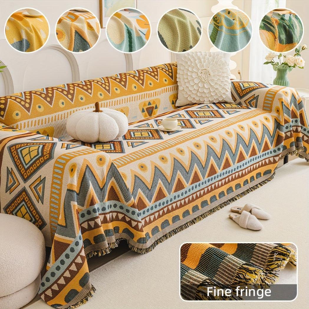 Boho Chic Double-sided Chenille Sofa Cover with Tassels - All-season, front view - House Of Avana