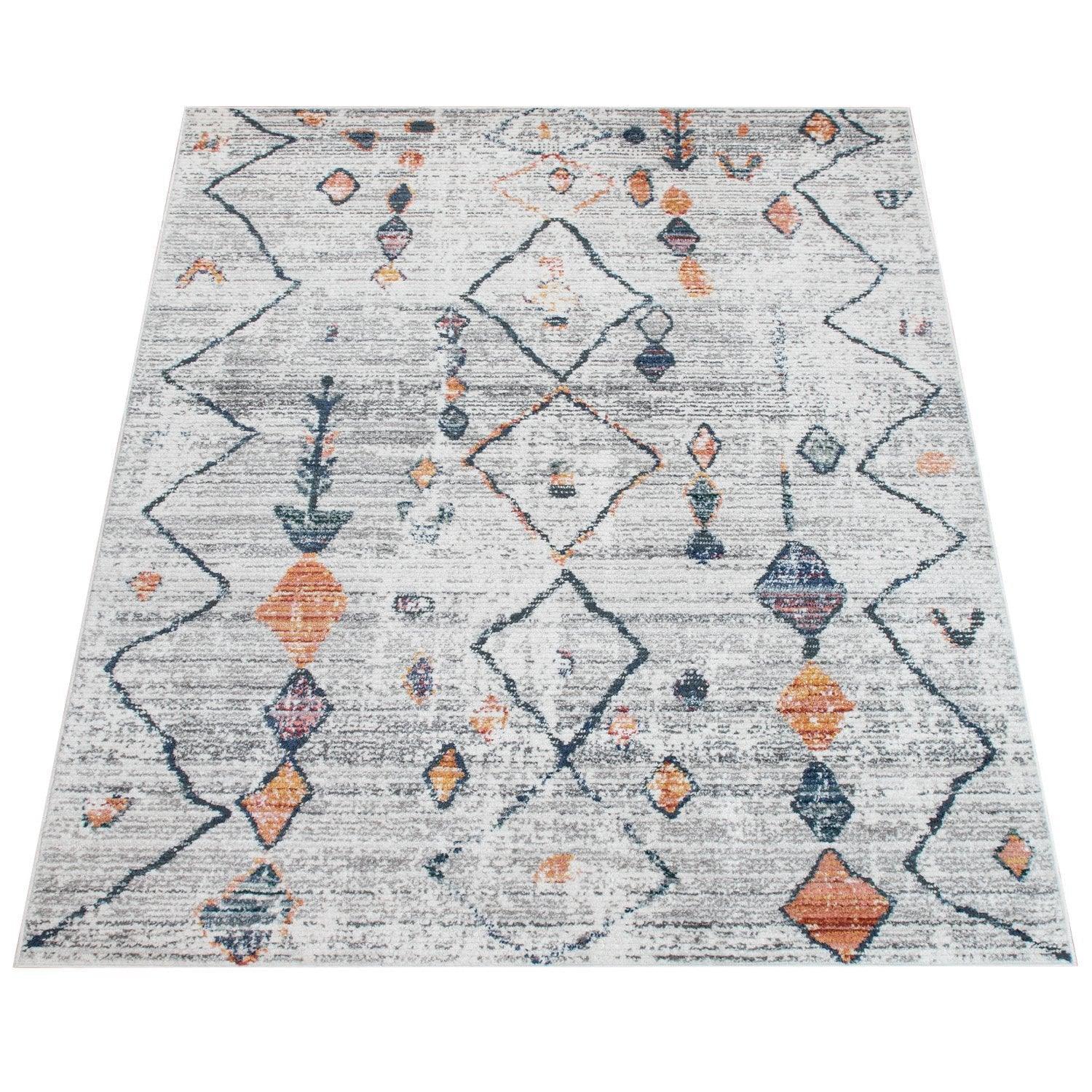 Boho Rug Cream Ethnic Diamond Pattern Modern Ripped Design, back view - House Of Avana