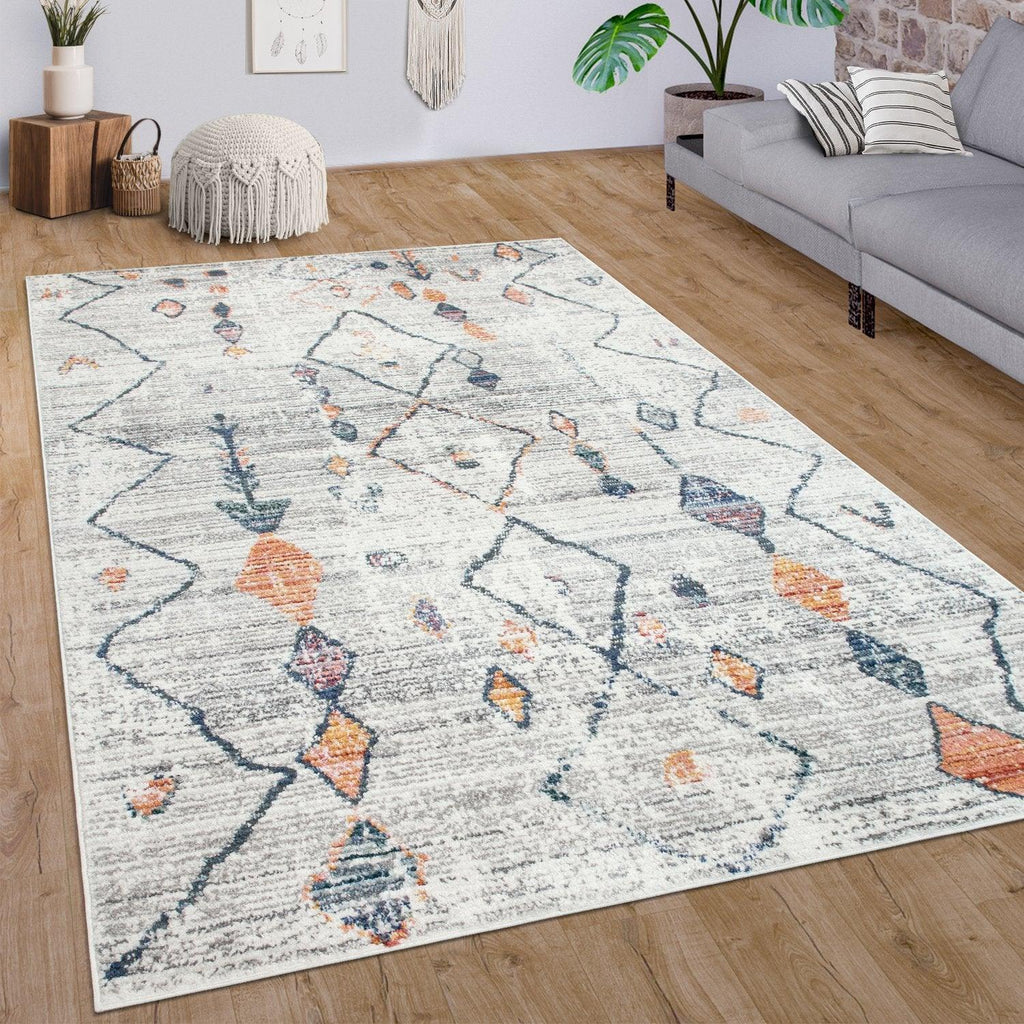 Boho Rug Cream Ethnic Diamond Pattern Modern Ripped Design, front view - House Of Avana