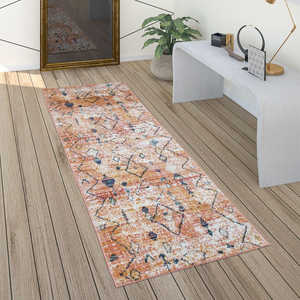 Boho Rug Red Ethnic Diamond Pattern Modern Ripped Design, angled view - House Of Avana