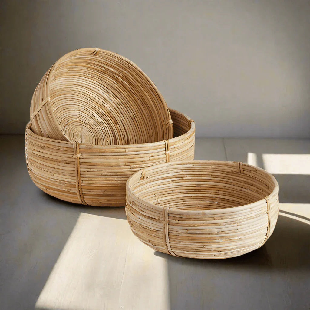 Boho Round Cane Rattan Nesting Bowls (Set of 3) Vintage Shopper