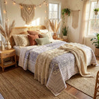 Cream & Sage Green Jaipur Indian hand block print floral quilted comforter | Indian handicraft Jaipur hand block print cotton muslin comforter | floral quilted bedspread Sanganer | block print Queen King bedding India | House of Avana [[SKU:HOA-COM-CRSG-021]]