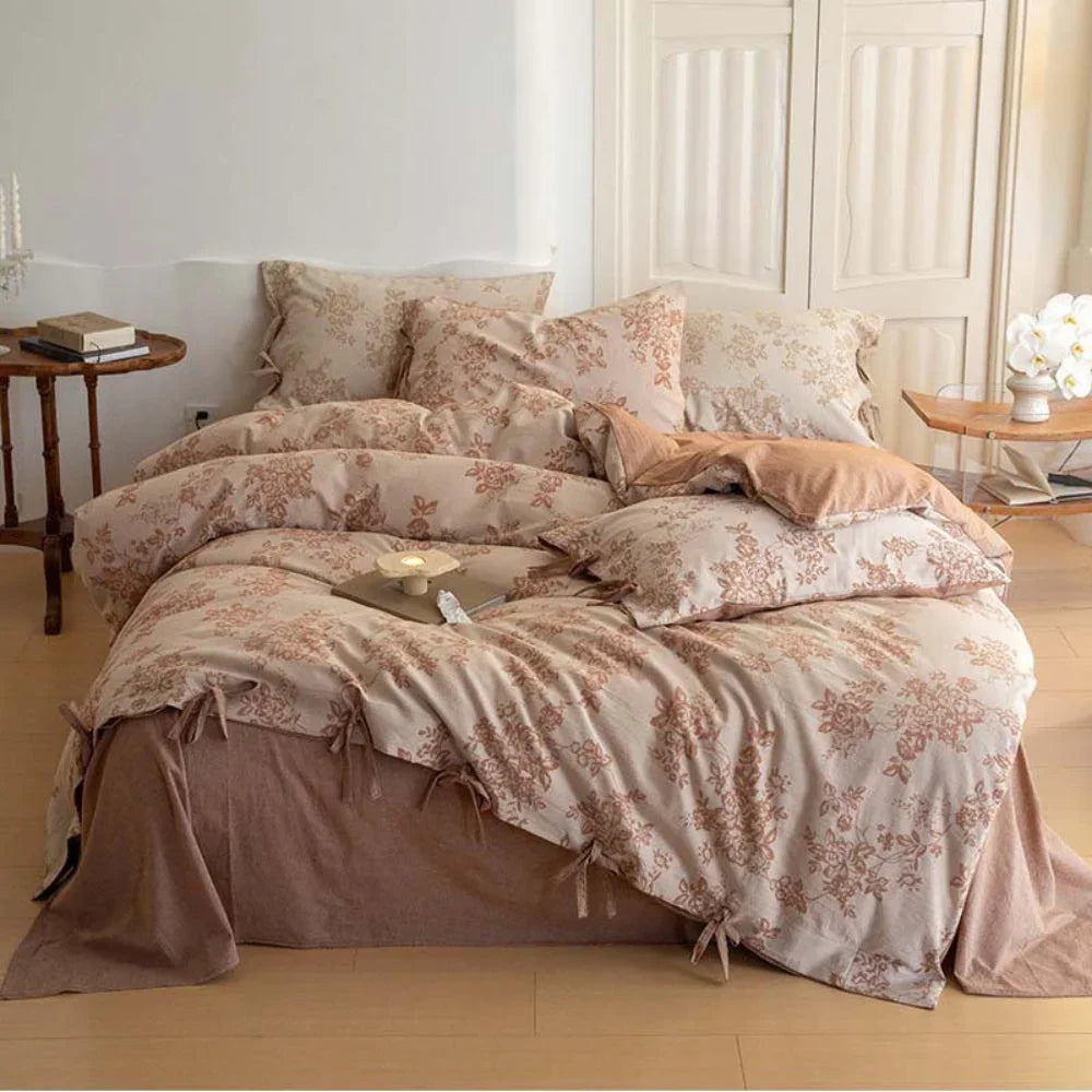 Bonnie Ribbon Bow Tie Floral Bedding Set / Khaki Ever Lasting