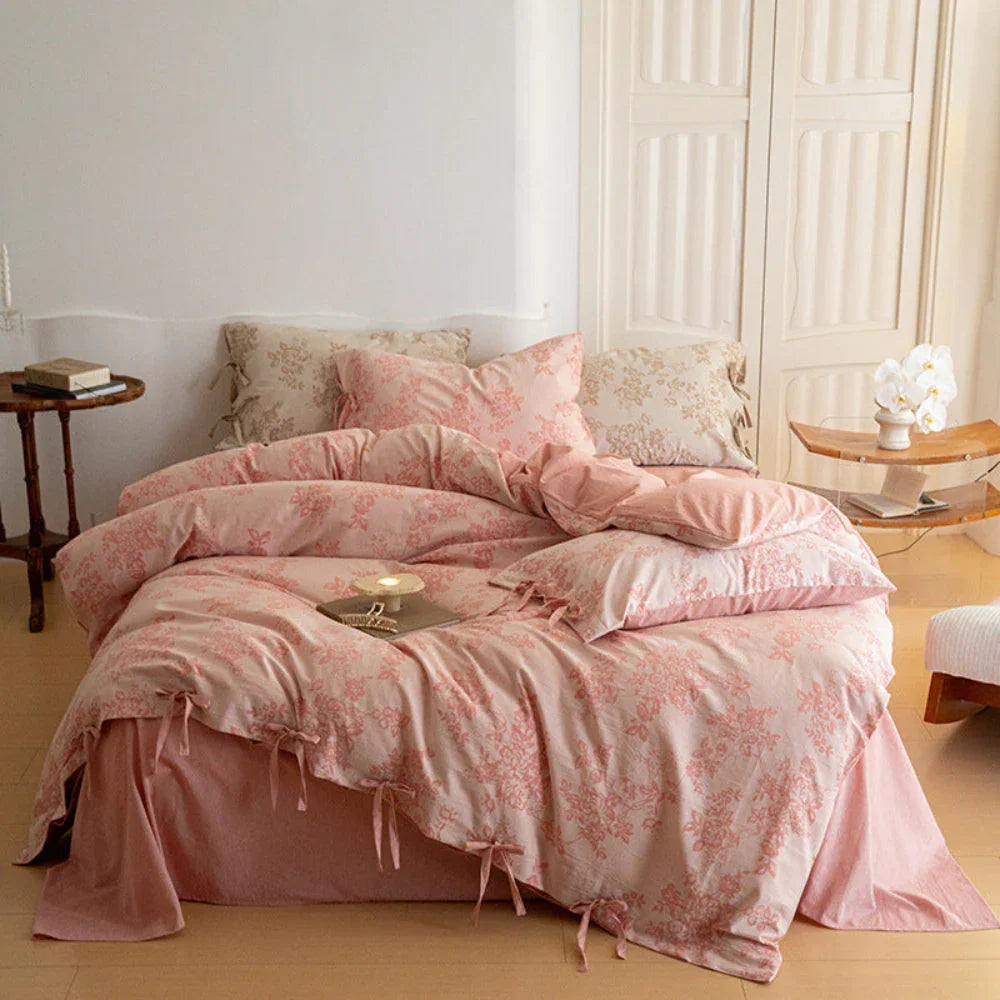 Bonnie Ribbon Bow Tie Floral Bedding Set / Khaki Ever Lasting