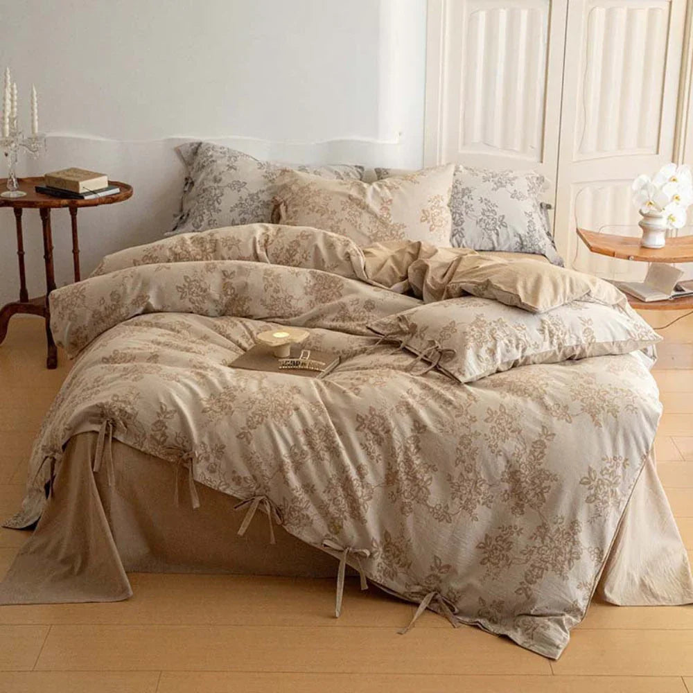 Bonnie Ribbon Bow Tie Floral Bedding Set / Khaki Ever Lasting