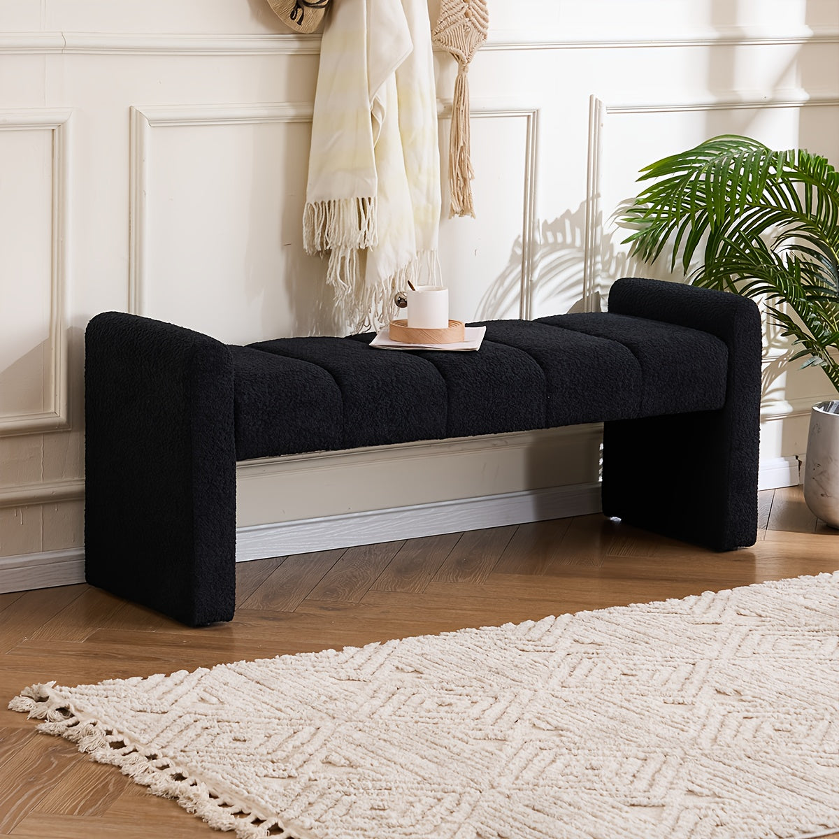 Modern Boucle End of Bed Bench - Extra Long 54" Bedroom Ottoman with Arm, Sturdy Hardwood Frame, Space-Saving Design for Living Room, Hallway, Bedroom - No Assembly Required, Matte Black Finish, Bench for Bedroom, Cozy Seatin House Of Avana