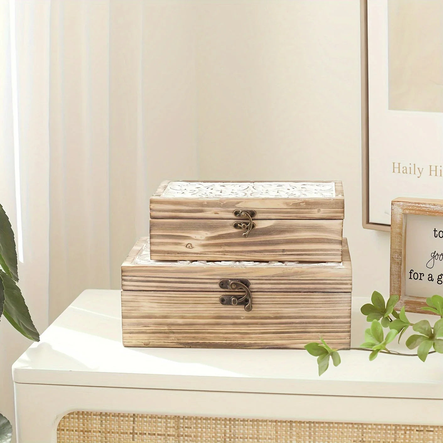 Wooden Box Set Of 2 - Rustic Farmhouse Decorative Boxes With Hinged Lid And Carved Design House Of Avana