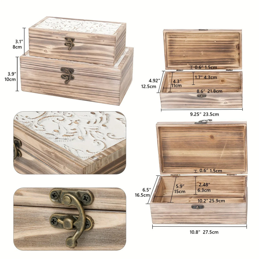 Wooden Box Set Of 2 - Rustic Farmhouse Decorative Boxes With Hinged Lid And Carved Design House Of Avana