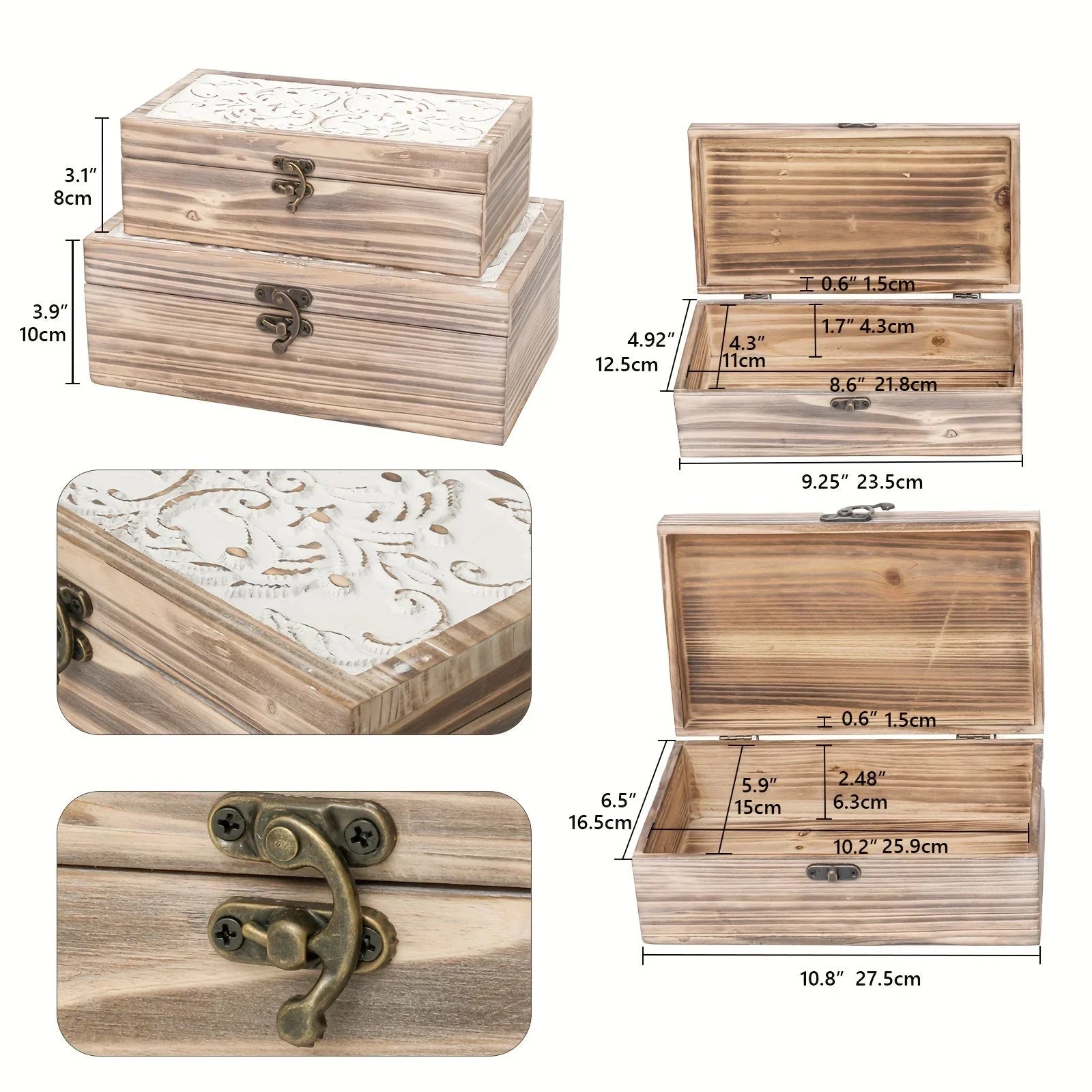 Wooden Box Set Of 2 - Rustic Farmhouse Decorative Boxes With Hinged Lid And Carved Design House Of Avana