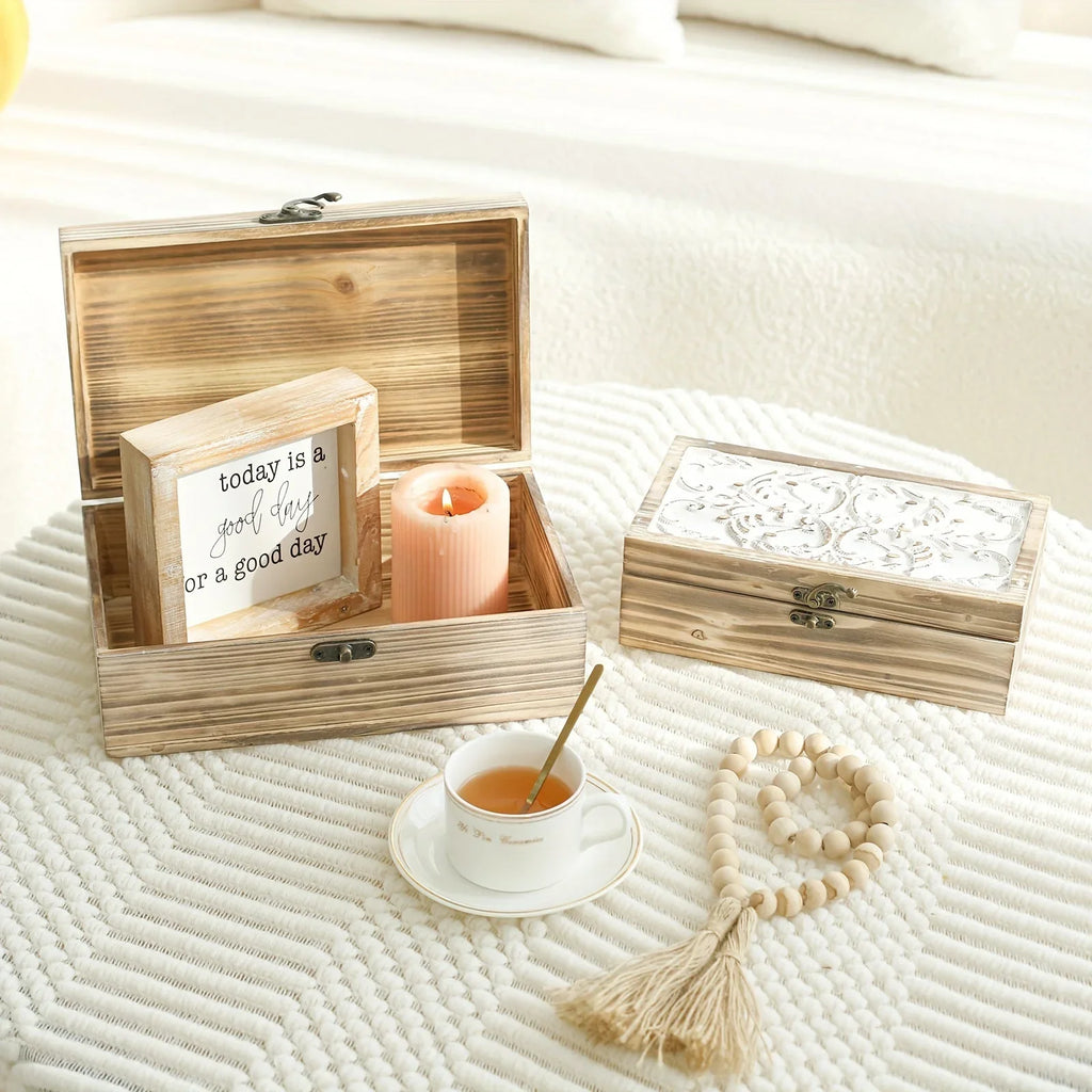 Wooden Box Set Of 2 - Rustic Farmhouse Decorative Boxes With Hinged Lid And Carved Design House Of Avana
