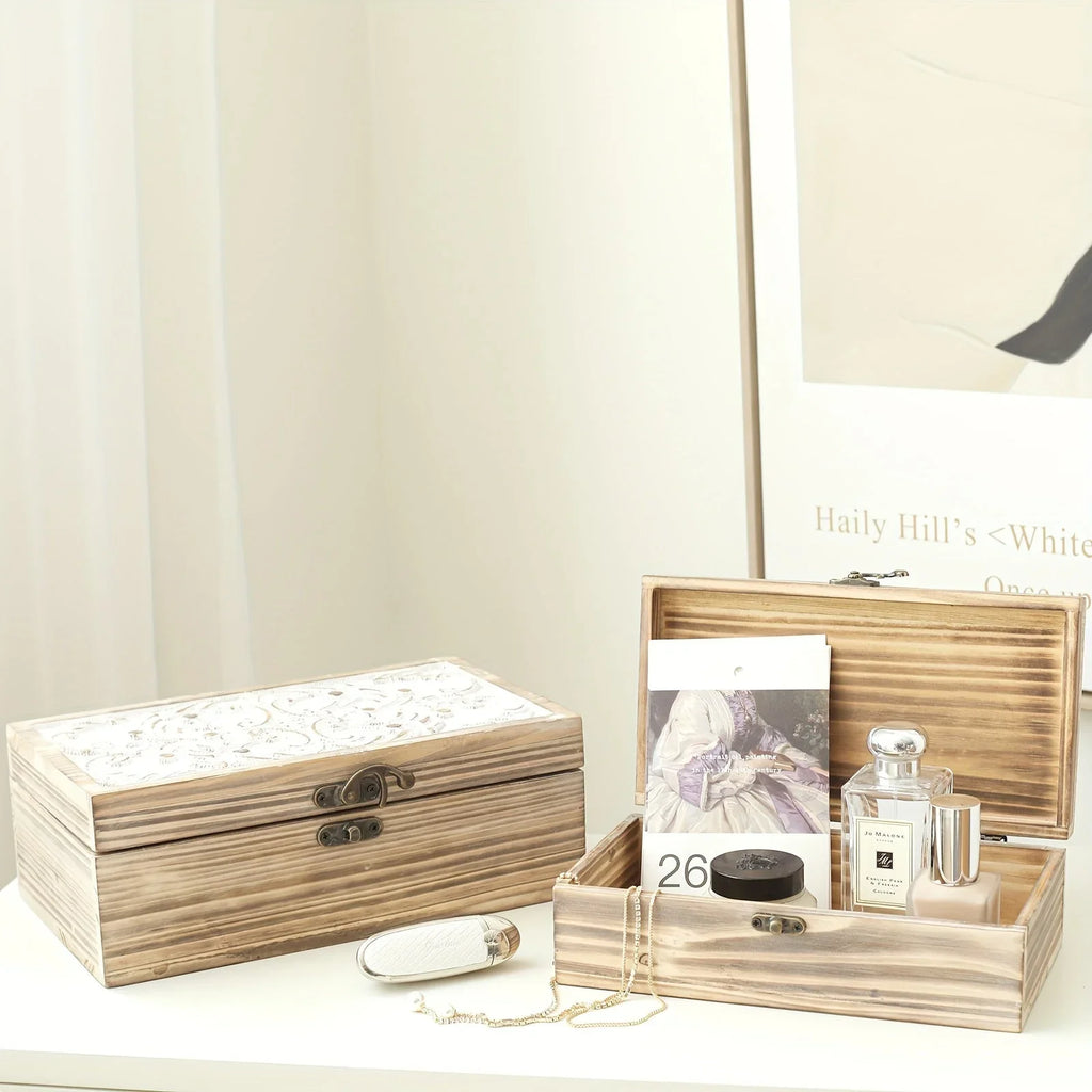 Wooden Box Set Of 2 - Rustic Farmhouse Decorative Boxes With Hinged Lid And Carved Design House Of Avana