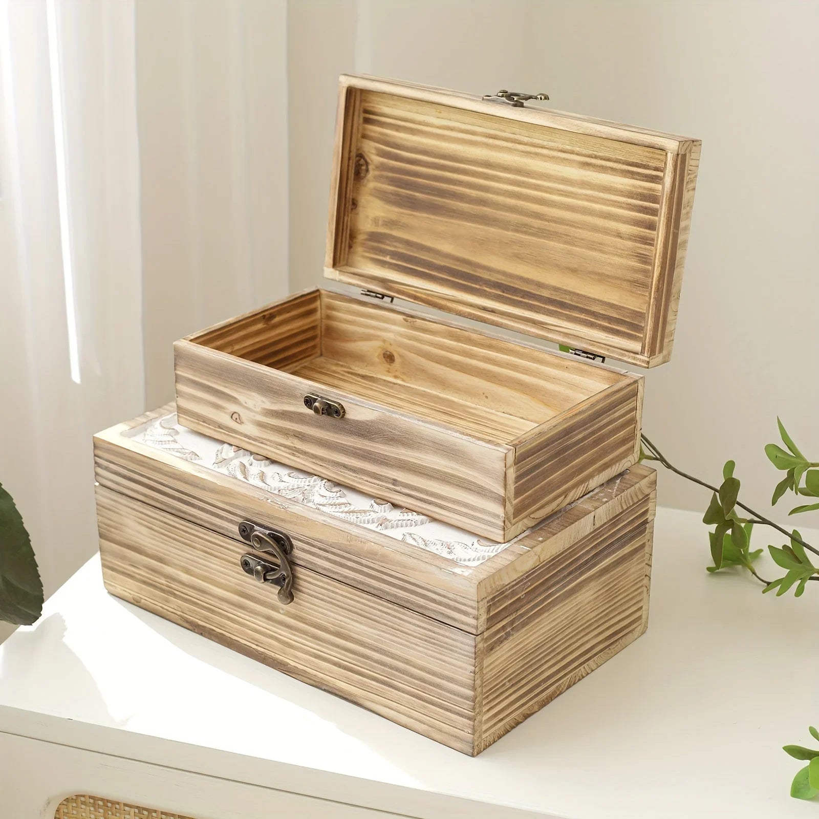 Wooden Box Set Of 2 - Rustic Farmhouse Decorative Boxes With Hinged Lid And Carved Design House Of Avana