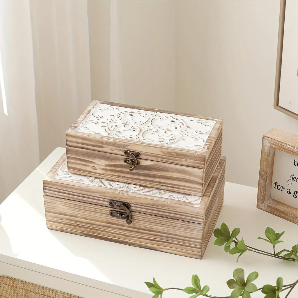 Wooden Box Set Of 2 - Rustic Farmhouse Decorative Boxes With Hinged Lid And Carved Design House Of Avana
