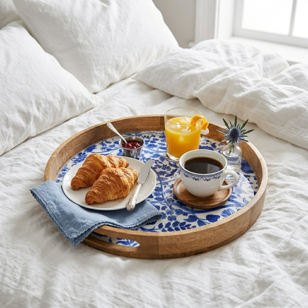 House of Avana Round Blue Mango Wood Serving Tray