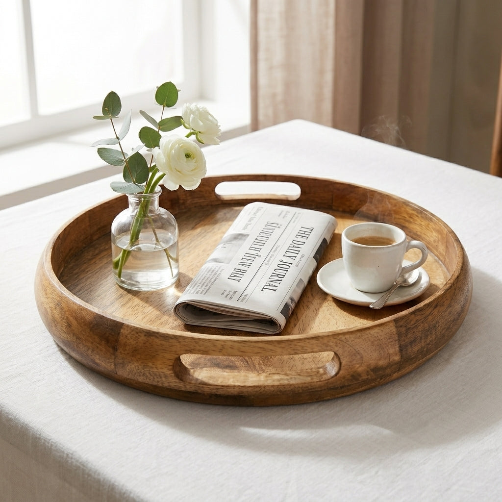 Wooden tray with a newspaper, cup of coffee, and vase of flowers on a white surface.