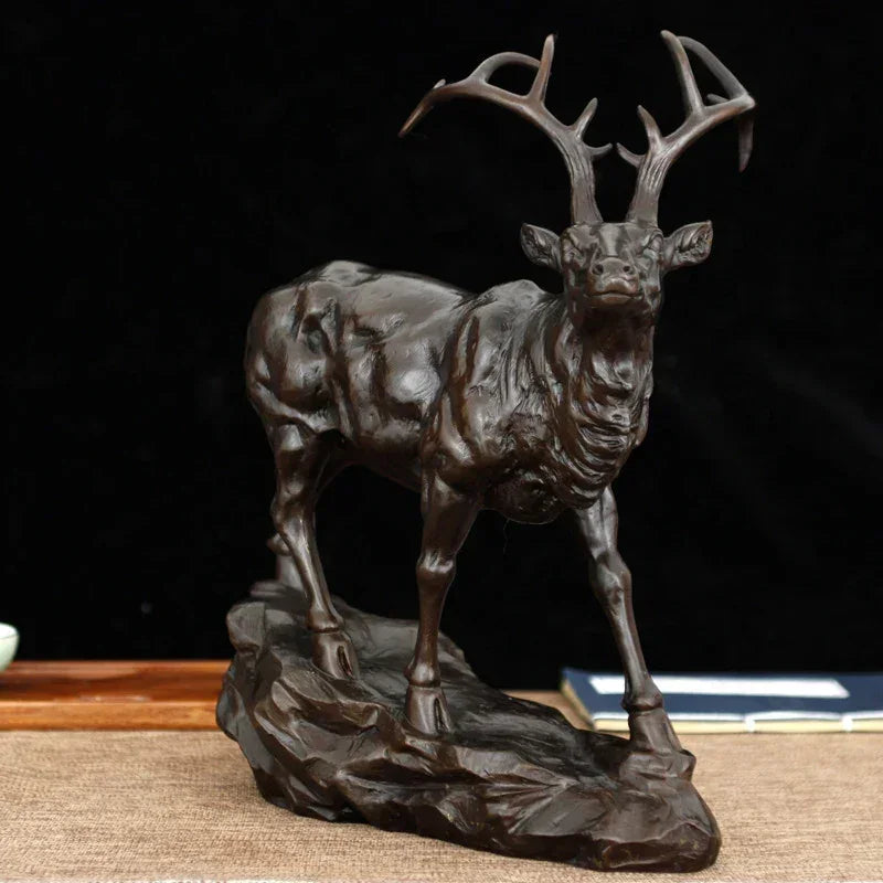 Bronze deer buck decorative sculpture with detailed antlers and muscular physique for living rooms tabletop decor