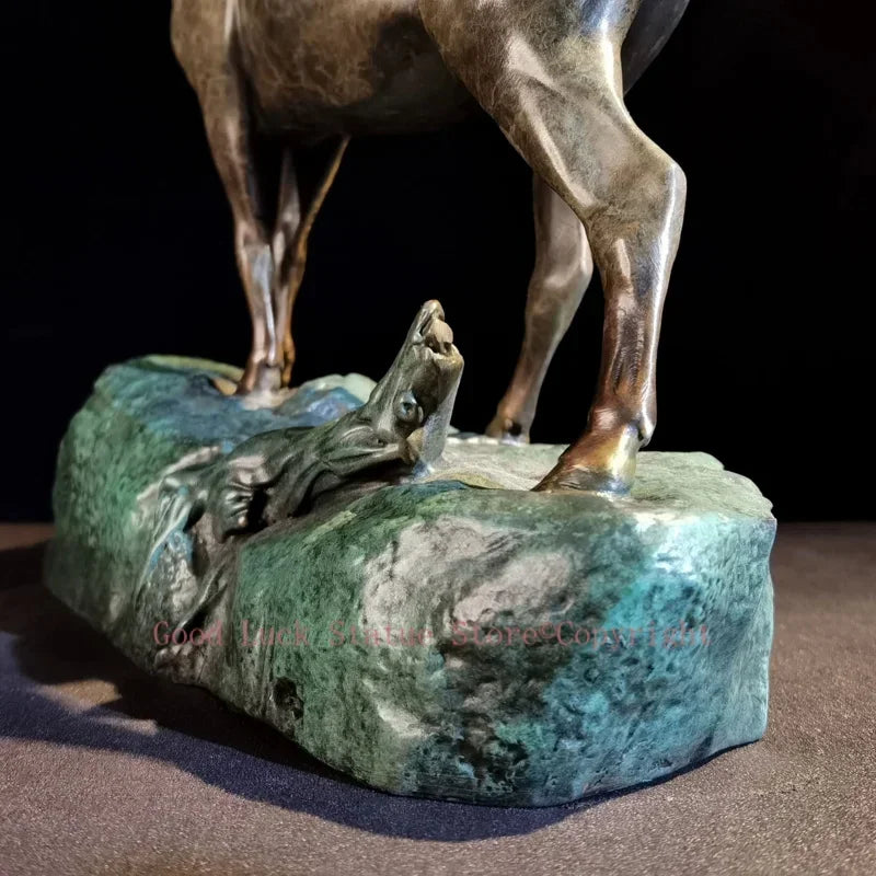 Bronze ram decorative sculpture with a textured rocky green stone base for living room tabletop decor