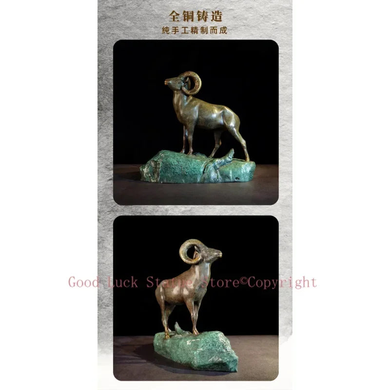 Bronze ram decorative sculpture with detailed curled horns and muscular build on textured rocky green patina base