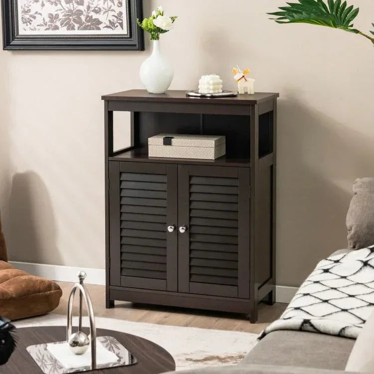 Brown Farmhouse Bathroom Linen Cabinet with Louvered Doors and Open Shelf