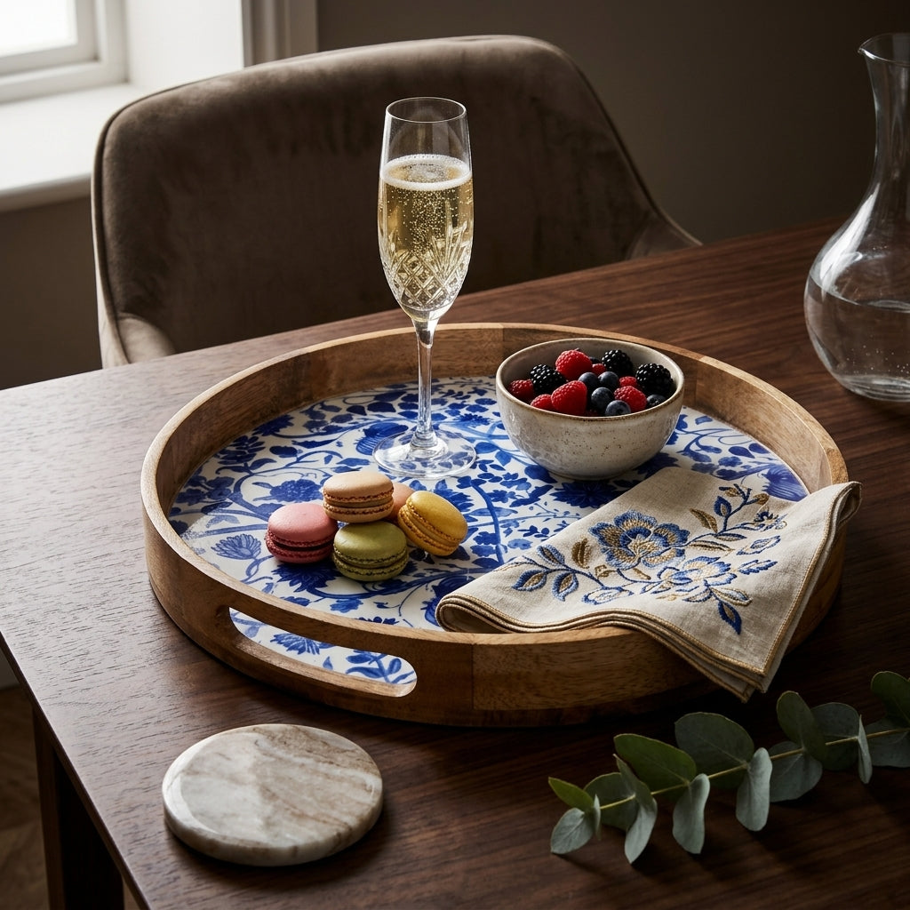 House of Avana Round Blue Mango Wood Serving Tray