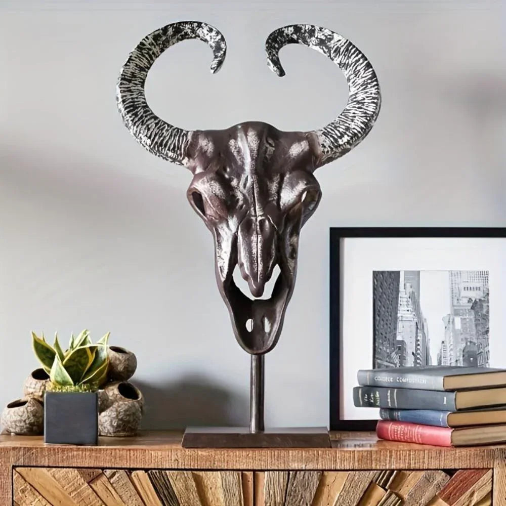 Handcrafted Bull Skull Decor with Stand, back view - House Of Avana
