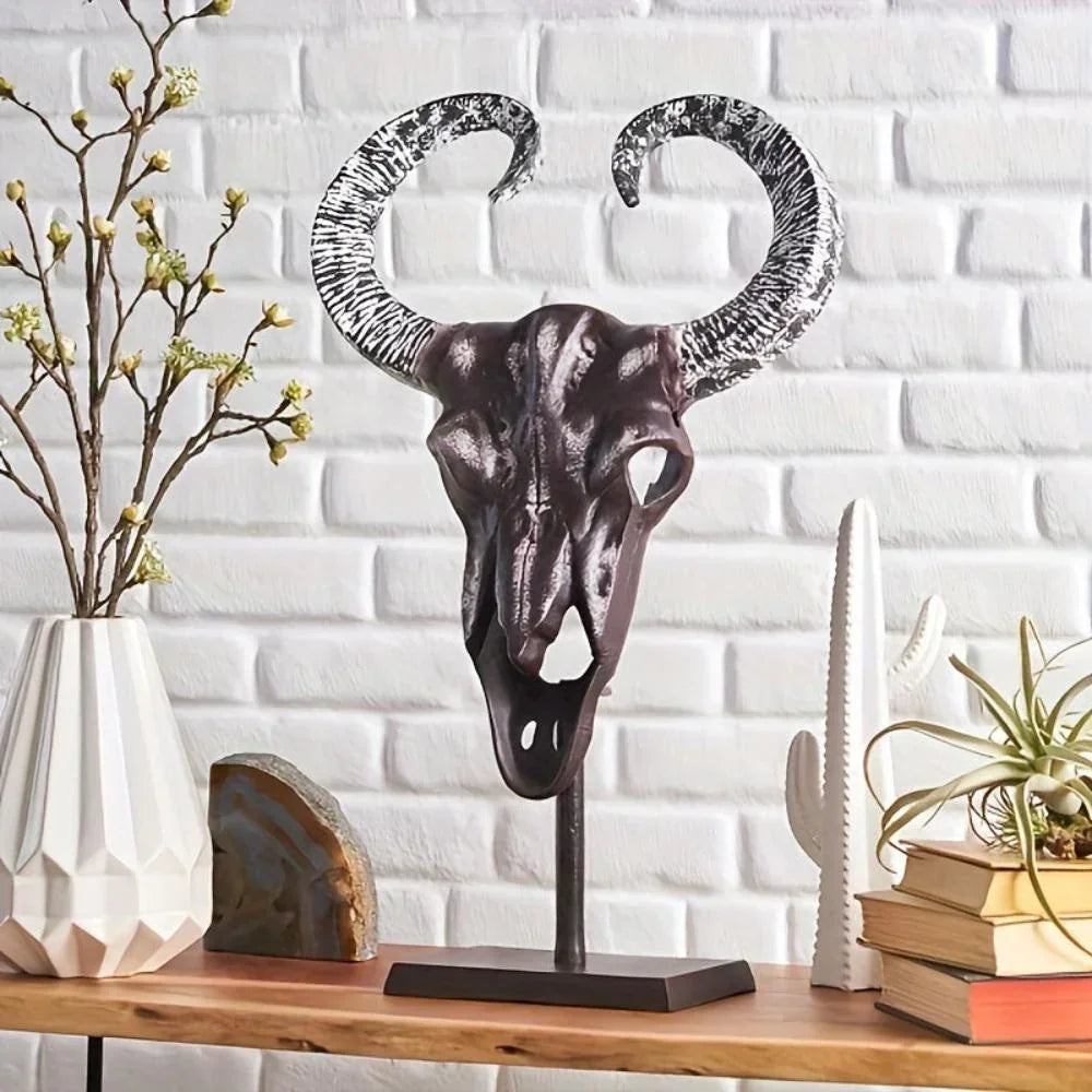 Handcrafted Bull Skull Decor with Stand, front view - House Of Avana