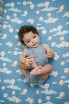 Organic Bamboo Cotton Muslin Crib Sheet in Baseballs in the Sky Cradle Comforts Co.
