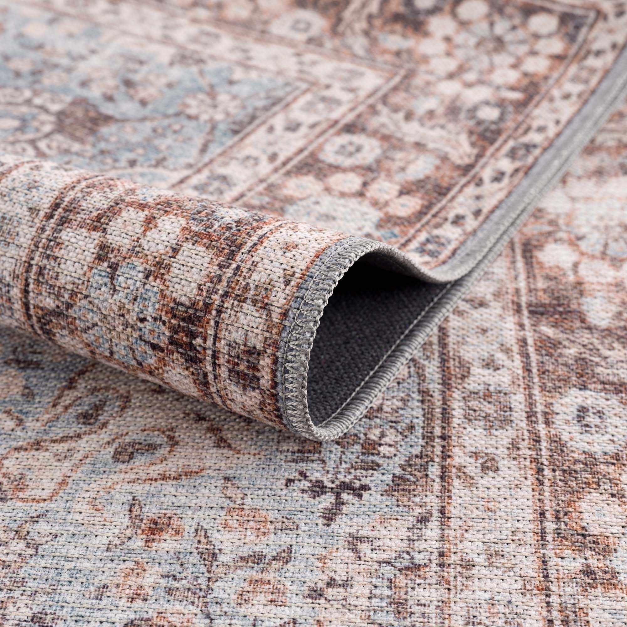 Brown Blue Dauis Vintage Washable Rug Hauteloom