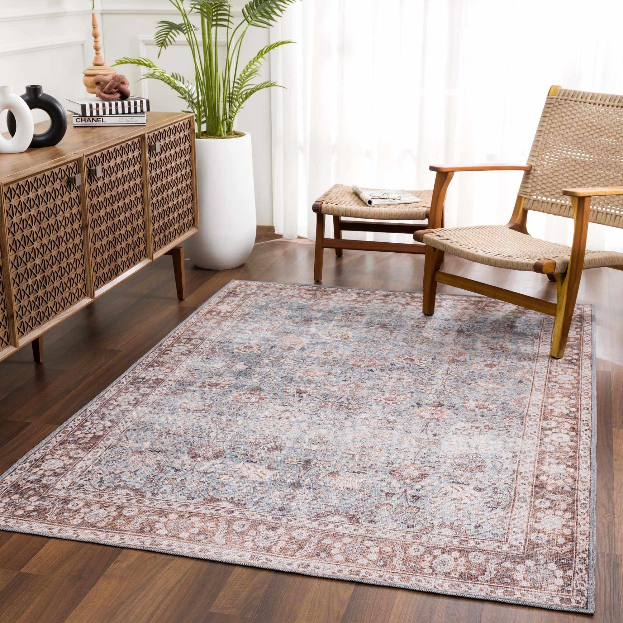 Brown Blue Dauis Vintage Washable Rug Hauteloom