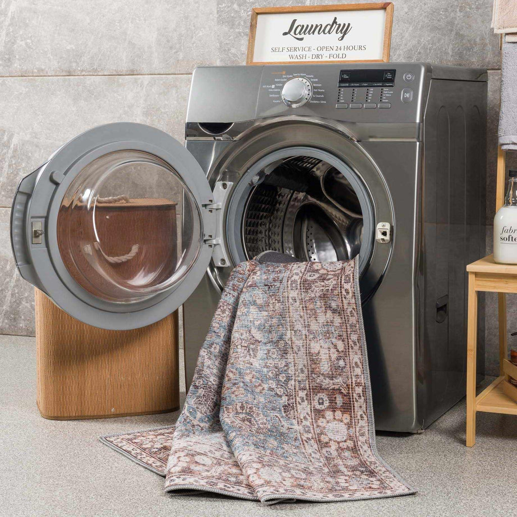 Brown Blue Dauis Vintage Washable Rug Hauteloom