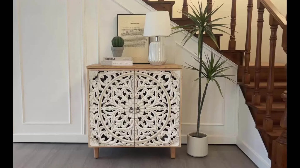 Rustic Wooden Carved Decorative Cabinet, Double Storage Organizer with Raised Panel Doors, Easy... - House Of Avana