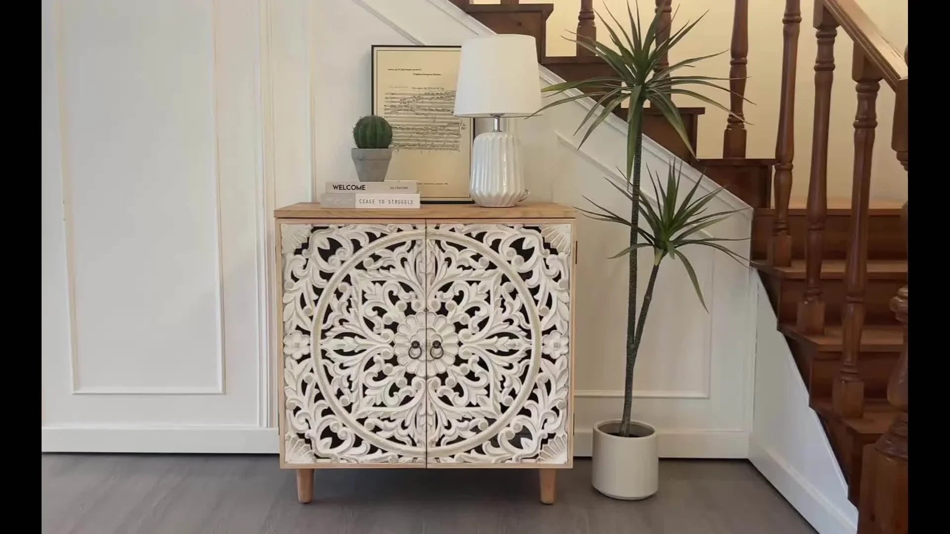 Rustic Wooden Carved Decorative Cabinet, Double Storage Organizer with Raised Panel Doors, Easy... - House Of Avana