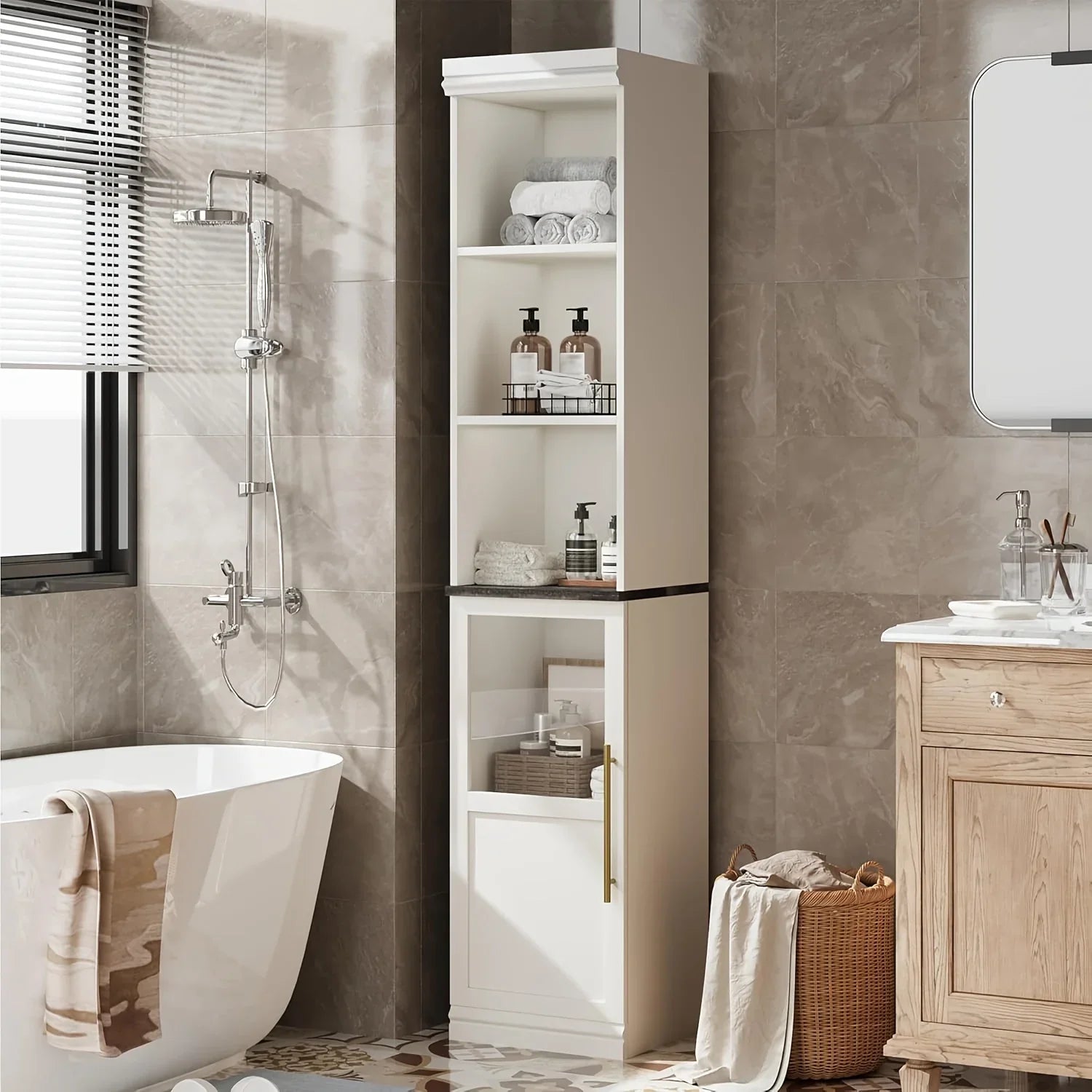 177.8cm Tall Narrow Bathroom Cabinet with Glass Door & Open Shelves - Freestanding Storage Organizer, Space-Saving Design for Small Spaces, Durable Wood & Particle Board Construction, Mixed Color Finish, 3, 2 Cu Ft Capacity, House Of Avana